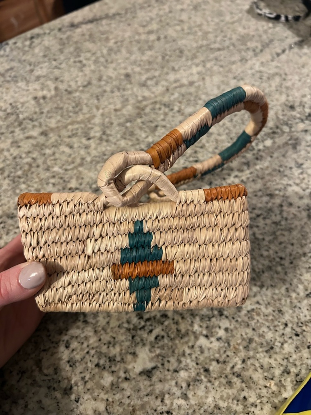 Hand Woven Straw Basket in Natural with Teal & Tan Accents